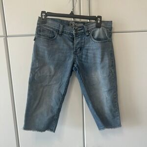 Social Collision Rude Lip Service Denim Shorts Light Wash Blue Men 28 Raw Hem